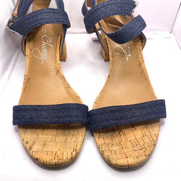 Arturo Chiang Cork Block Heel Navy Blue Denim Canvas Ankle Strap Sandal Sz 8M - Picture 5 of 7